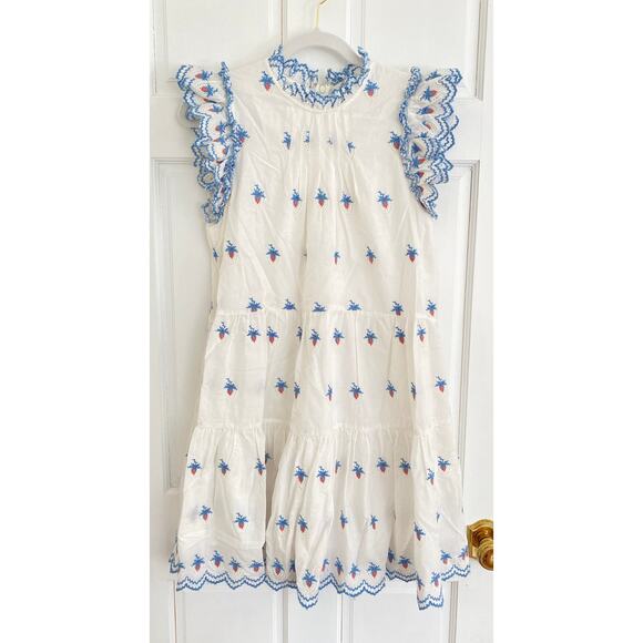 SEA NEW YORK Tuckernuck Cream Renee Embroidery Strawberry Scallop Mini Dress Sm - Picture 7 of 11